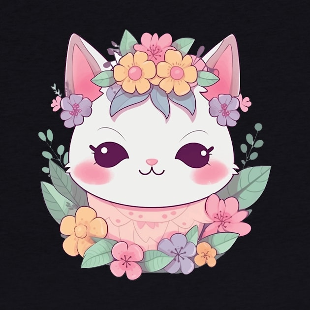 Cat cute kawaii with a flower crown by WAADESIGN